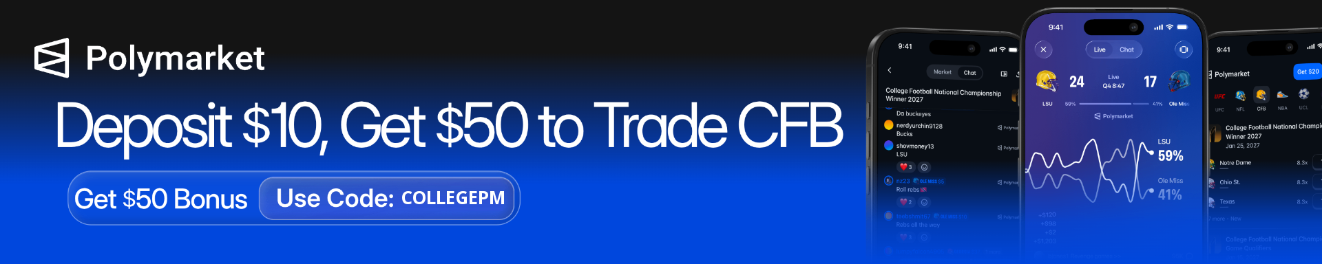 Polymarket — Deposit $10, Get a $50 Trading Bonus! on college football with bonus code COLLEGEPM