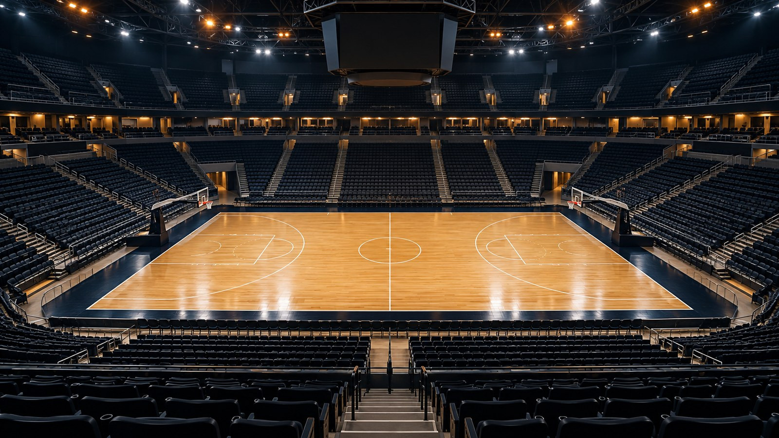 An empty basketball arena surrounds a warmly lit hardwood court.