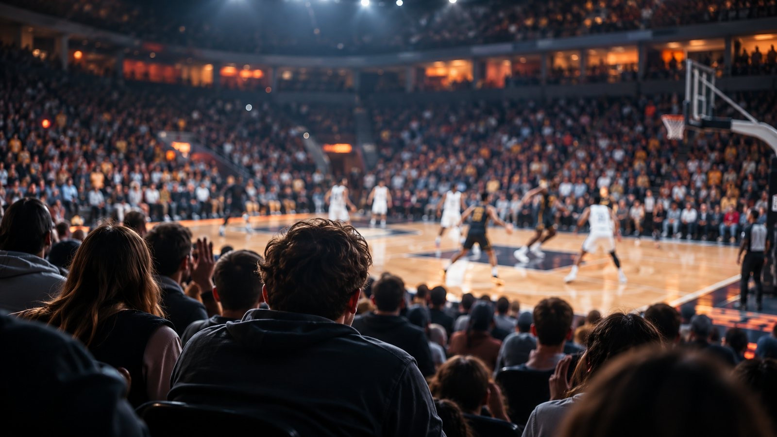 A generic basketball game plays before an indistinct college crowd.