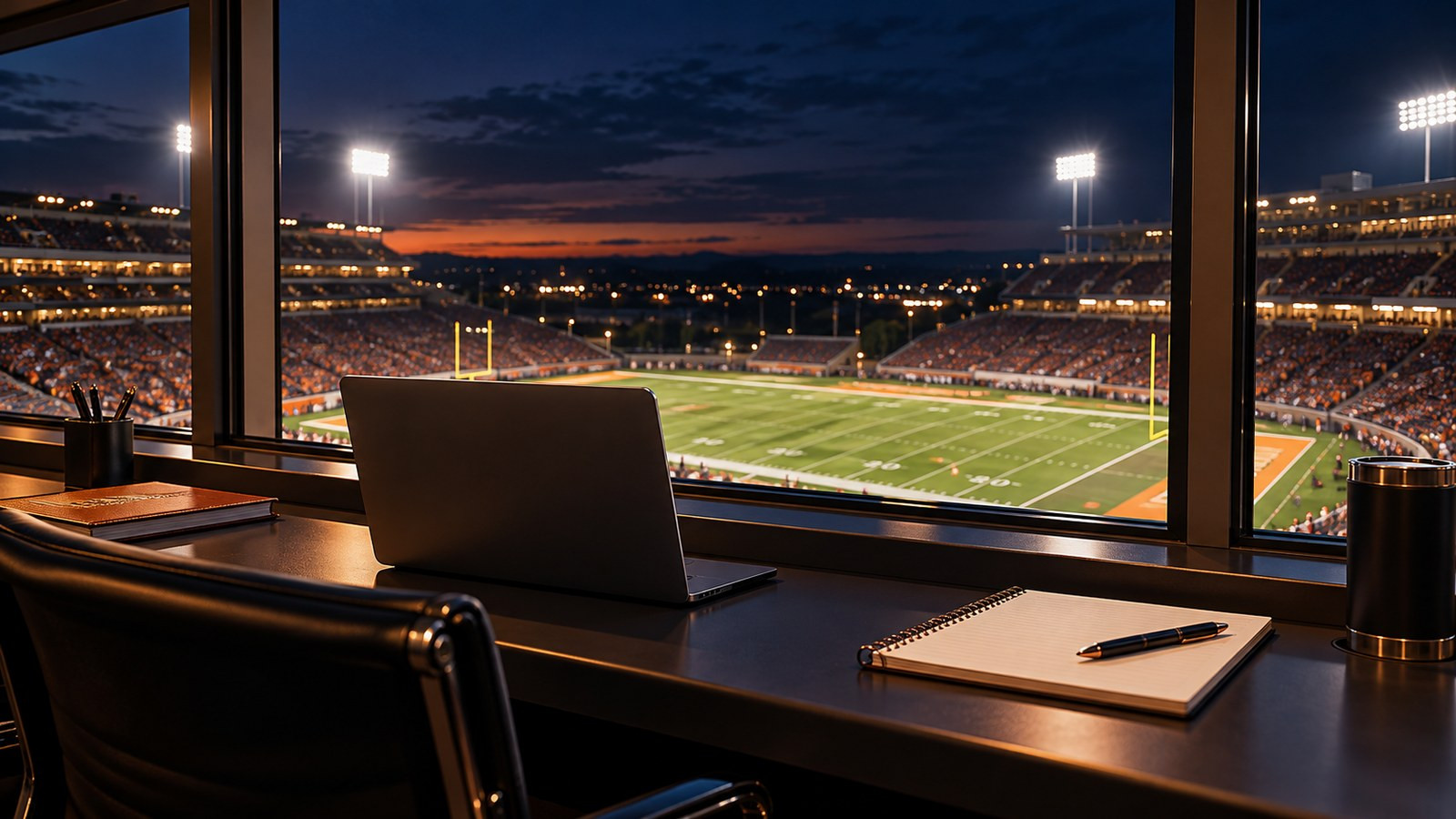 An empty press box desk faces a floodlit football field.