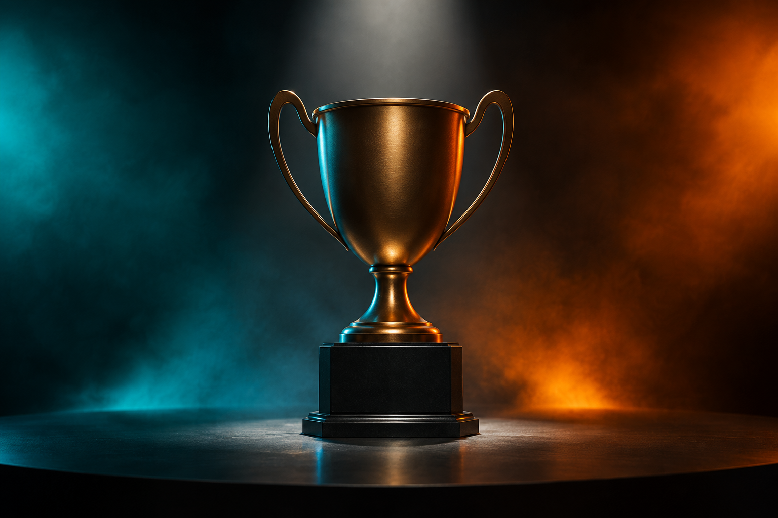 A plain bronze two-handled cup on a black base stands on a dark stage under one spotlight, with teal and orange haze.