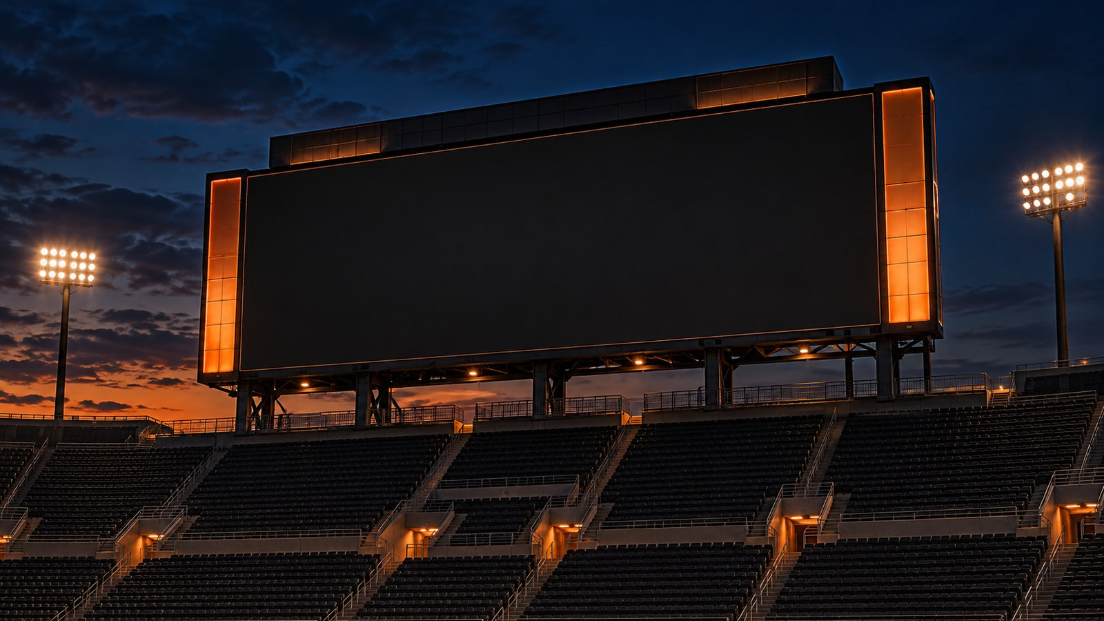 A large blank scoreboard glows above dark empty stadium stands.