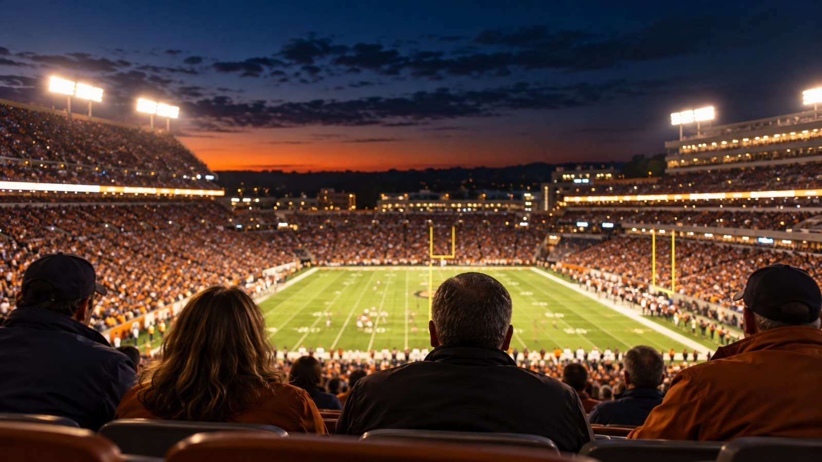 Adult fans seen from behind watch a brightly lit field from the stands.