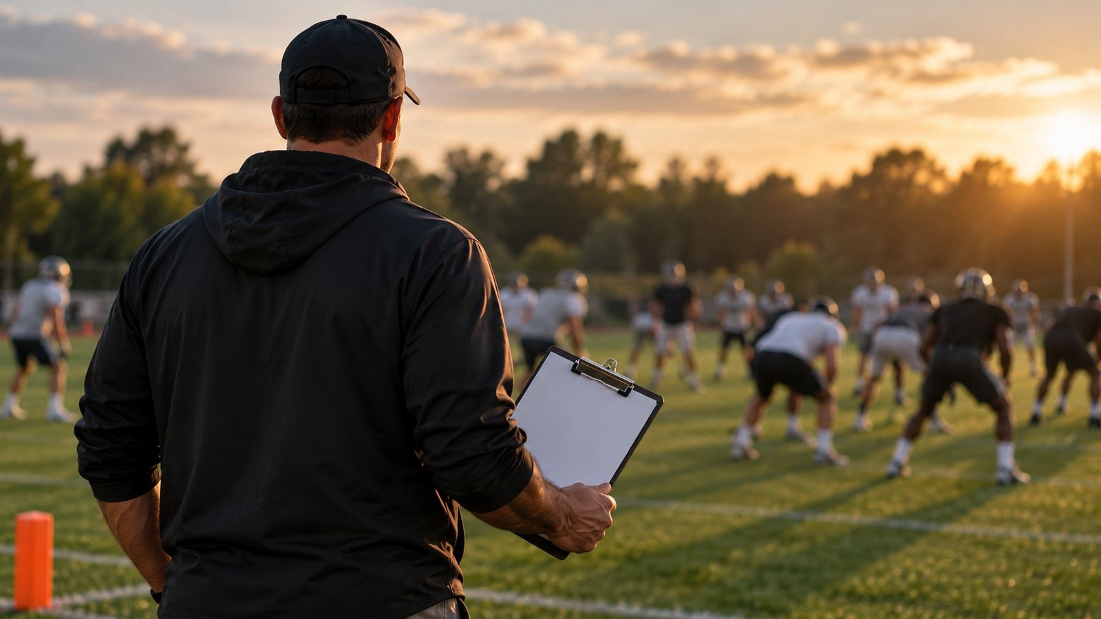 An adult coach with a blank clipboard watches a football practice at sunset.
