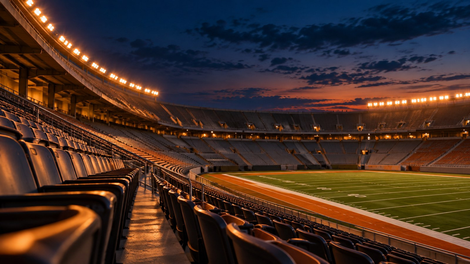 Empty stadium seats beneath a row of warm lights at dusk.