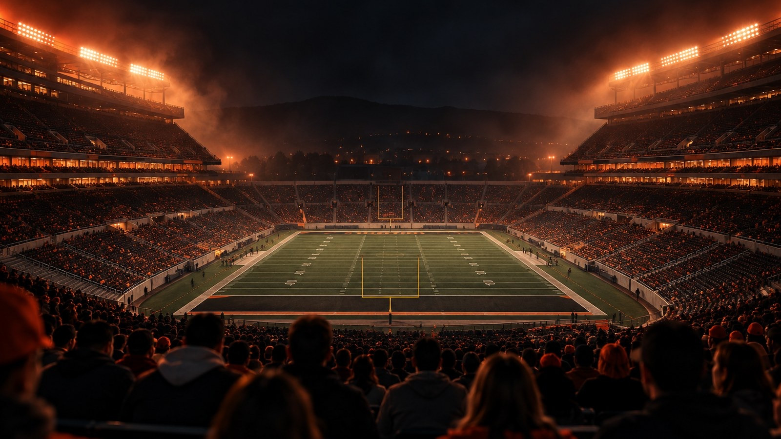 Generic college football stadium at night under bright floodlights.