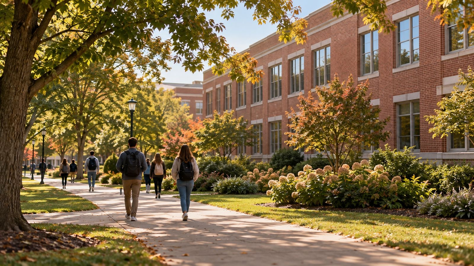 A generic low-rise red-brick academic building beside a leafy path.