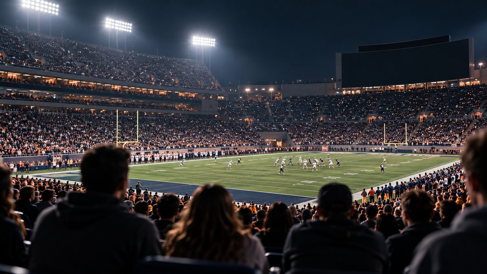 A generic college football game unfolds under stadium lights.