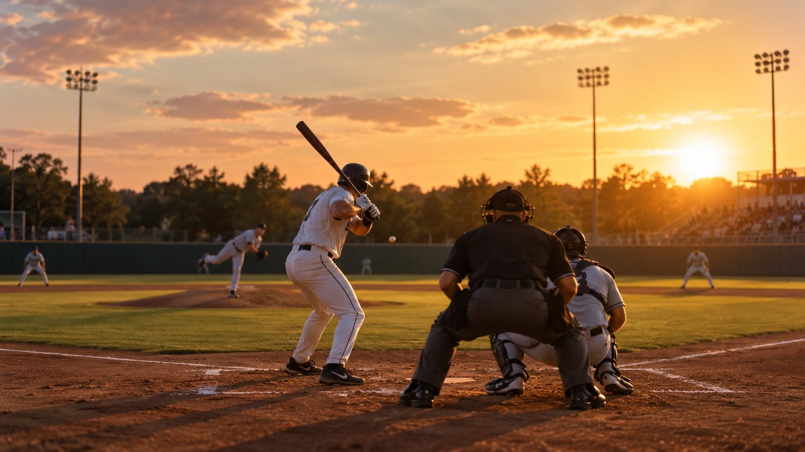 A generic baseball game takes place at sunset with adult players.