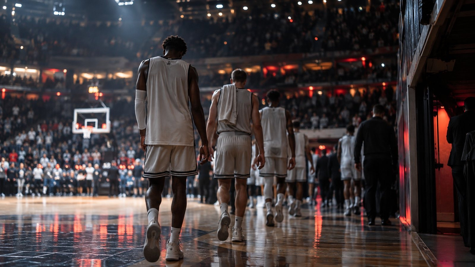 Adult basketball players walk off a generic court after a game.
