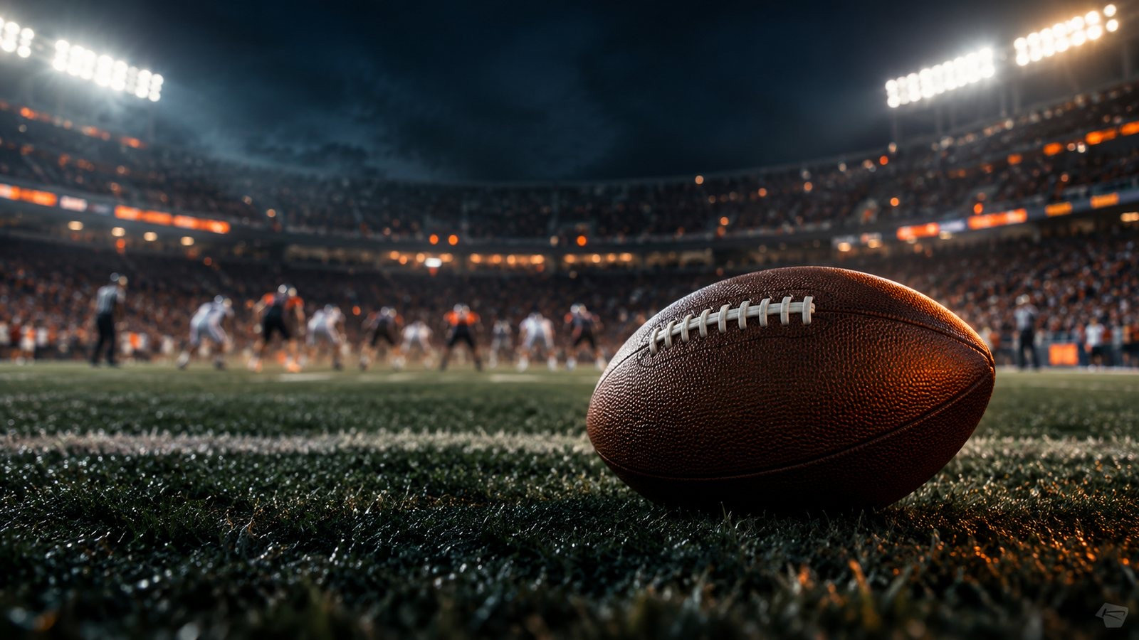 A plain football rests on turf under generic stadium lights.