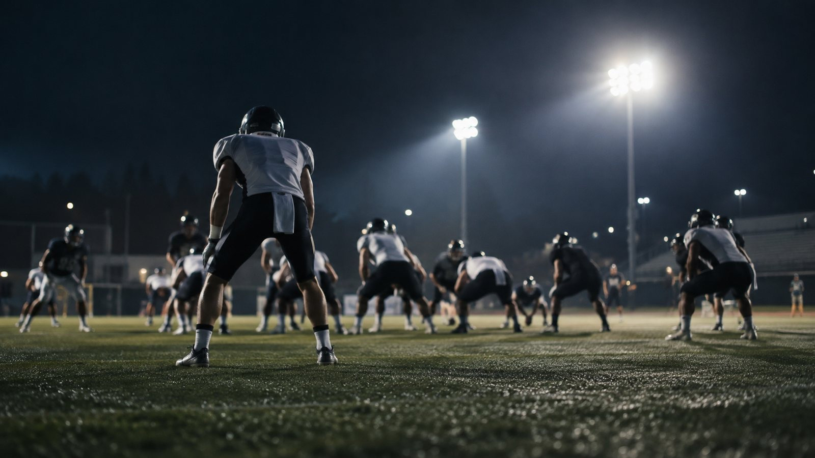 Anonymous adult players practice football under lights on a generic field.