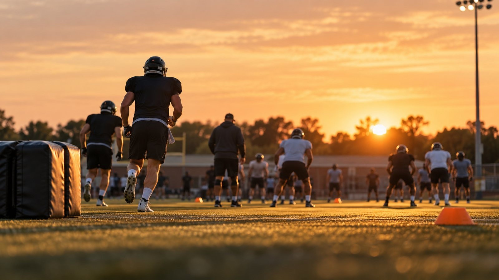 Adult players run a football drill at sunset in plain training clothes.