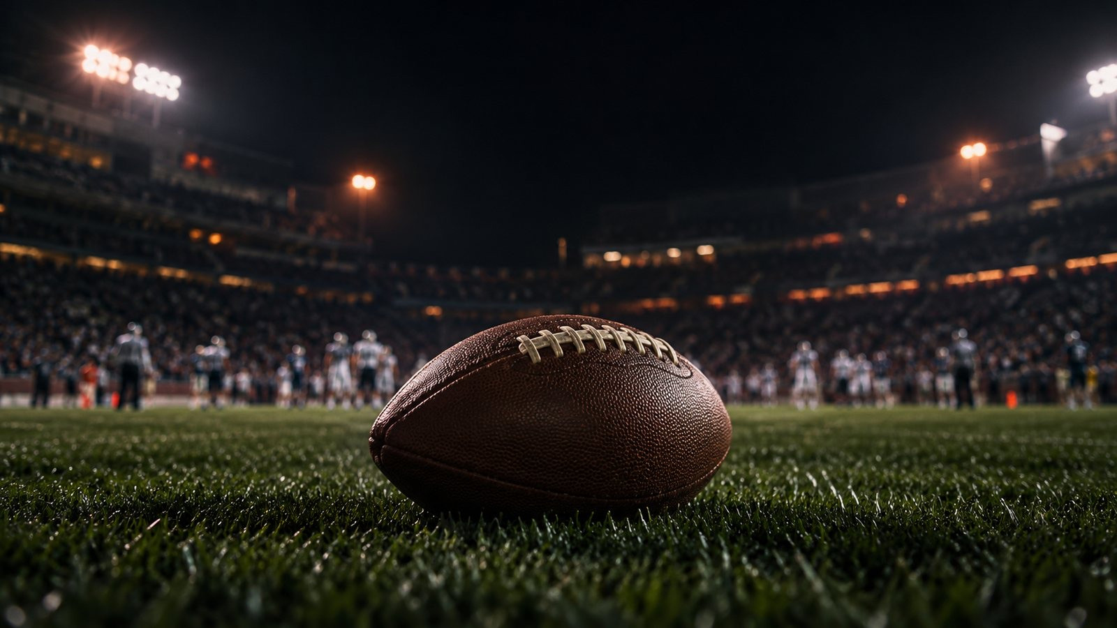 A plain football rests on a dark field beneath college stadium lights.
