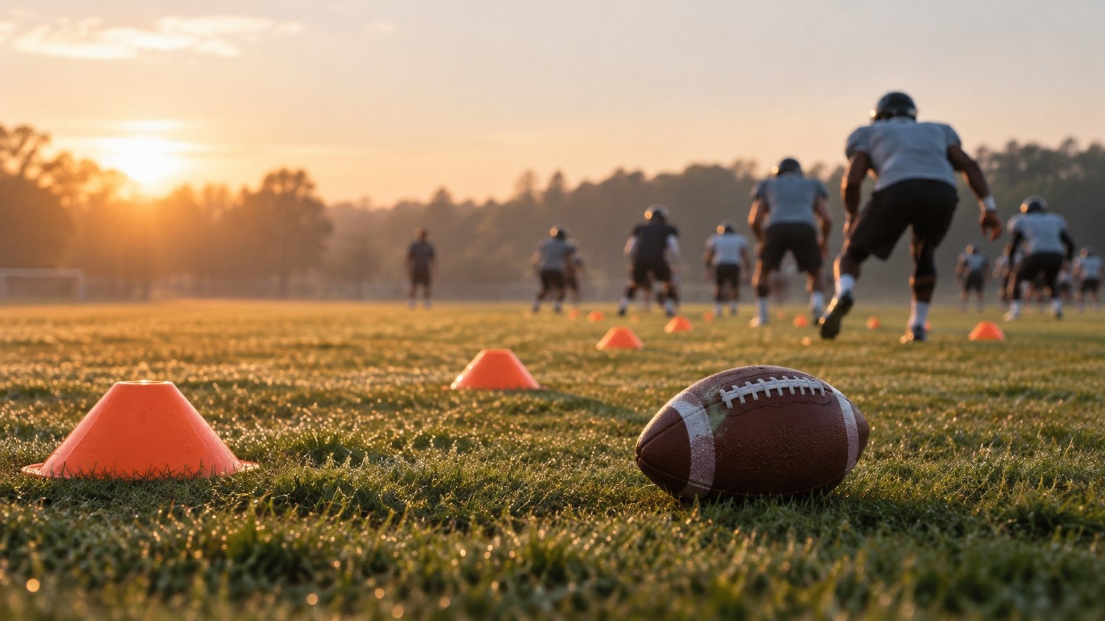 A football and practice cones sit in front of a distant field drill.